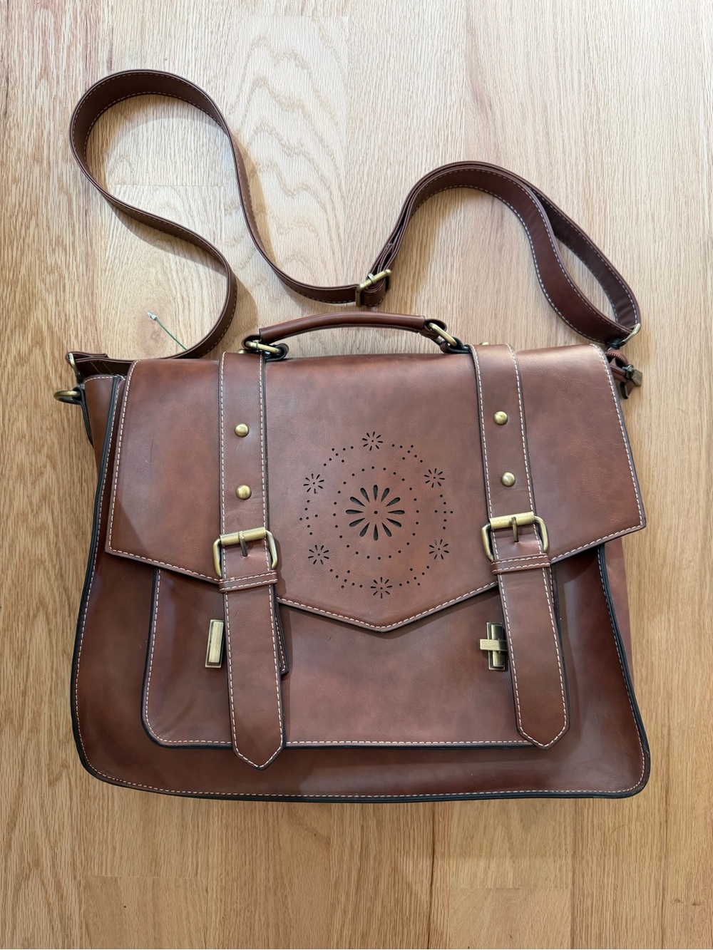 Brown Floral Laser-Cut Satchel Handbag with Adjustable Strap